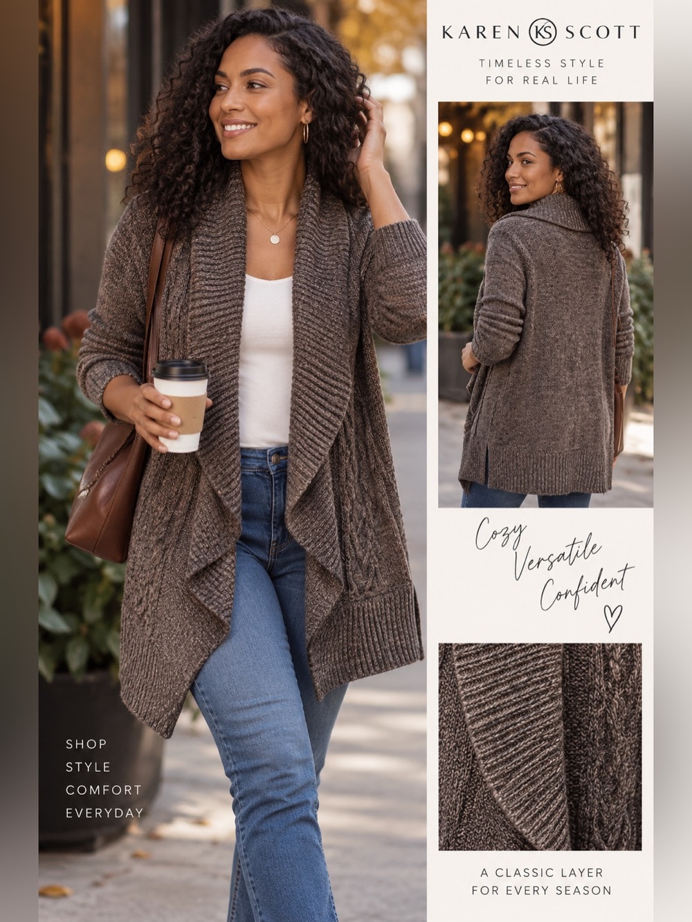 Karen Scott Marled Brown Draped Shawl Cardigan Sweater XXL